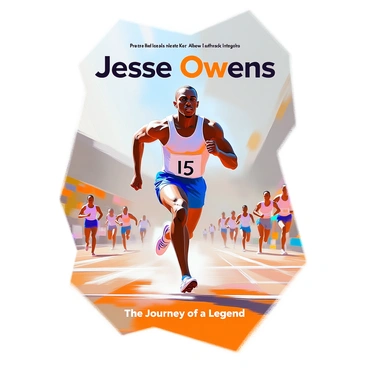 A book cover illustration featuring "Jesse Owens" prominently at the top in bold, striking typography. The background showcases a dynamic scene from the 1936 Berlin Olympics, with Jesse Owens in action, sprinting down the track. He is depicted with a determined expression, wearing a vintage athletic uniform adorned with the number "15." Surrounding him are faint silhouettes of other athletes, emphasizing his competitive spirit. At the bottom, a brief tagline reads, "The Journey of a Legend," framed by the title and author’s name, creating a compelling visual narrative of his life and achievements.