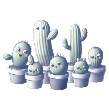 An assortment of cacti in various quirky shapes and sizes. Each cactus has distinct features, such as spines and unique growth patterns. They are placed in pots that have different designs and textures. Each pot has a pair of "googly eyes" affixed to the front, giving the cacti a whimsical appearance. The cacti display a range of "silly expressions," with some appearing surprised, others smiling, and a few looking mischievous. The arrangement showcases a playful and humorous scene.