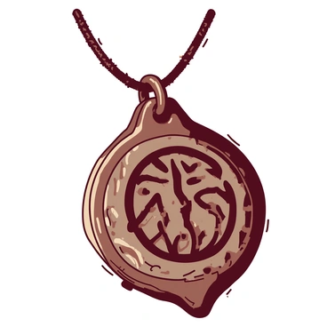 An ancient-looking amulet necklace is hanging from a brown leather string. The amulet is crafted from aged metal and features intricate, mysterious symbols etched into its surface. The symbols appear to tell a story, their shapes swirling and intertwining. The leather string is slightly worn, displaying a rich texture that contrasts with the smooth surface of the amulet. In the background, there is a subtle hint of dim light that casts gentle shadows, enhancing the mystique of the necklace.