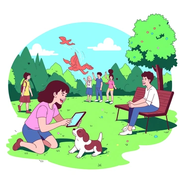 A vibrant park filled with lush green grass and colorful flowers serves as the backdrop. Several people are scattered throughout the park, each engaged in different activities involving their virtual pets. A young girl is kneeling on the grassy ground, laughing as she uses her tablet to train a small, animated puppy that sits playfully in front of her, surrounded by sparkling effects. Nearby, a group of teenagers is standing in a circle, excitedly watching a larger virtual dragon as it performs tricks in mid-air, with glowing trails following its movements. An adult is sitting on a bench, smiling as they interact with a hovering virtual bird, which chirps and flutters around them. The atmosphere is lively and engaging, showcasing the blend of reality and augmented elements as the virtual pets interact with the environment and their owners.