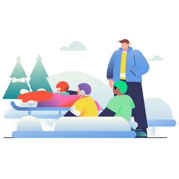 A luge instructor with short brown hair is wearing a bright red helmet and a blue jacket as they stand on the ice track. The instructor is demonstrating the proper position for beginners, lying flat on a luge sled with arms extended. In front of the instructor, a small group of three beginners, wearing colorful helmets in yellow, green, and purple, are attentively watching and taking notes on the key points. The icy track is surrounded by snow-covered barriers, and the bright winter sun is shining down, casting soft shadows on the surface. A few pine trees are visible in the background, adding to the winter scenery.