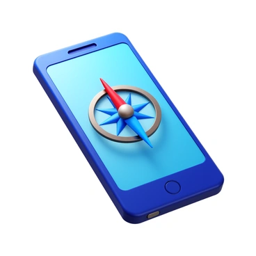 A 3D smartphone with a sleek, modern design. The screen displays a detailed compass app, featuring a compass needle that is actively spinning. The needle is prominently pointing towards "true north." The smartphone has a reflective surface, showing subtle light reflections and shadows. The background includes a soft gradient to enhance the visibility of the phone and compass on the screen.