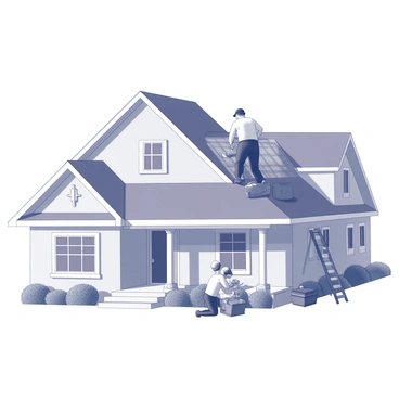 A suburban house with a sloped roof is visible. Two technicians are working on the roof, one is kneeling while securing a solar panel with brackets, and the other is standing beside him, holding a toolbox. The house features multiple windows and a front yard with a small garden. The sky is clear, providing a bright backdrop to the scene. Tools and equipment are scattered on the roof, and there is a nearby ladder leaning against the side of the house.