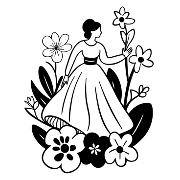 A woman wearing a flowing dress stands gracefully among intricate, ornate flowers. The dress has elegant patterns that flow with the movement of her body. Surrounding her are various types of flowers, each with detailed petals and leaves, creating a lush and vibrant atmosphere. The arrangement of the flowers complements the woman's pose and attire, forming a harmonious scene. The overall composition emphasizes the beauty and elegance of the woman amid the floral backdrop.