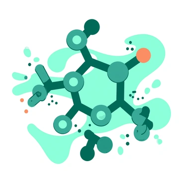 A teal chlorophyll molecule is depicted in the center, showcasing its unique structure with prominent molecular bonds. The molecule's intricate arrangement includes a series of interconnected green rings and chains. Surrounding the chlorophyll, smaller orange atoms represent the various elements that compose the molecule. The background is filled with soft, swirling patterns in both teal and orange, emphasizing the molecular form and its scientific significance.