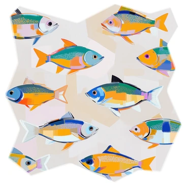 An art deco pattern showcasing a repetitive design of stylized fish motifs. The fish are depicted in a variety of colors including deep blue, golden yellow, and emerald green. Each fish has intricate details such as curved fins and geometric scales. The background features a contrasting solid color that highlights the vibrant fish, arranged in a rhythmic pattern that flows seamlessly across the image. The overall composition is balanced and visually striking, emphasizing the elegance of the art deco style.
