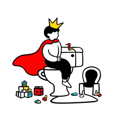 A child sitting on a potty wearing a "golden crown" and a "red velvet cape" flowing behind them. The child has a proud posture, exuding a sense of royalty. Surrounding the potty, there are colorful toys scattered on the floor, adding a playful atmosphere. A small, plush throne is placed nearby, emphasizing the regal theme. The setting includes a whimsical bathroom decor with patterned wallpaper and a charming rug underneath.