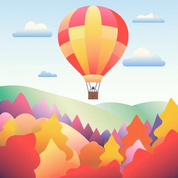 A vibrant hot air balloon with a patchwork design of red, yellow, and orange is floating gracefully above a colorful autumn forest. The trees below are a mixture of fiery red, deep orange, and golden yellow leaves, creating a warm tapestry of fall colors. The sky is a clear blue, with a few fluffy white clouds scattered throughout. The sunlight filters through the foliage, casting dappled shadows on the ground below. In the distance, rolling hills can be seen, accentuating the beauty of the landscape.