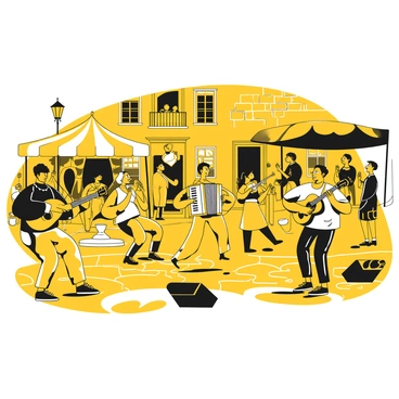 A group of musicians performing in a bustling square in Marseille. One musician is playing an accordion, while another strums a guitar. A third musician is tapping a tambourine, and a fourth plays a violin. They are surrounded by an enthusiastic crowd, some people clapping to the rhythm, while others are swaying with the music. Colorful market stalls are set up in the background, and the architecture of old buildings frames the scene. Sunlight casts shadows on the cobblestone ground, enhancing the lively atmosphere.