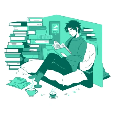 A teal reading nook is filled with an array of stacked books, some scattered around. A figure is seated comfortably on a large white cushion, deeply engrossed in a book held in both hands. The figure has tousled hair and is wearing casual clothing. Surrounding the figure are additional soft cushions in varying sizes and shades of white, creating an inviting atmosphere. A small side table nearby holds a steaming cup of tea, completing this tranquil reading scene.