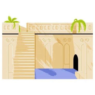 An intricate stone-carved stepwell with detailed patterns and designs on the walls. The stepwell features a series of descending steps leading down to water, surrounded by ornate pillars. Sunlight casts shadows across the stone, highlighting the textures and carvings. Lush green plants are visible around the top edges of the stepwell, adding a touch of nature to the scene. The clear blue sky is visible above, providing a bright contrast to the warm tones of the stone.