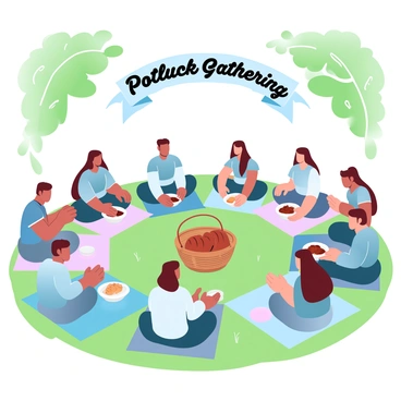 A group of villagers is gathered in a circle on a grassy field, surrounded by colorful blankets spread out with various homemade dishes displayed on them. Each villager is wearing traditional clothing, with some holding bowls and plates filled with food. A large basket in the center contains freshly baked bread. In the background, trees with vibrant green leaves frame the scene, and a banner reading "Potluck Gathering" is visible above the villagers.