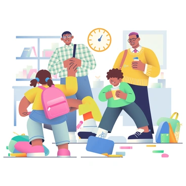 Parents and children rushing to get ready for school, with backpacks and lunchboxes scattered around