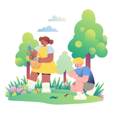 Two children are playing in a lush, green meadow filled with colorful wildflowers. One child, a girl with curly brown hair wearing a yellow sundress, is picking flowers and placing them in a small woven basket. The other child, a boy with short blonde hair wearing a blue t-shirt and khaki shorts, is crouched down observing a small, shiny insect on a nearby leaf. In the background, tall trees with vibrant green leaves provide shade, and a gentle breeze causes the grass to sway softly. A clear blue sky with a few fluffy white clouds is overhead, completing the scene of exploration and joy in nature.