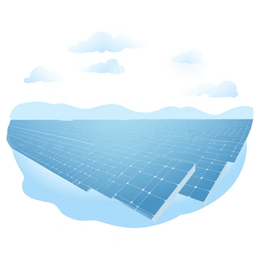 A vast solar farm stretches across the landscape, filled with numerous rows of solar panels reflecting sunlight. The solar panels are arranged in orderly lines, aligned towards the sun, showcasing their shiny blue surfaces. The sky above is bright, with a few fluffy white clouds scattered throughout, casting gentle shadows on the ground. In the distance, rolling hills rise softly, adding depth to the view. The scene conveys a sense of expansive clean energy production in a natural setting.