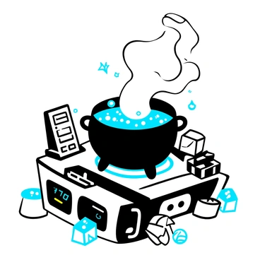 A futuristic robotic cauldron with sleek, metallic surfaces and intricate circuitry details. The cauldron is positioned on a high-tech platform with glowing edges. Steam rises from the cauldron as it brews an "electric blue potion," which bubbles vigorously. Surrounding the cauldron are various futuristic tools and devices, some of which display digital readouts. A faint aura of "electric blue" light illuminates the area, casting dynamic shadows on the surface below.