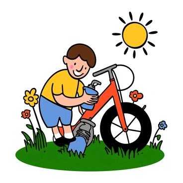 A child with light skin and short brown hair is using a foot pump to inflate a bicycle tire. The child is wearing a yellow t-shirt and blue shorts. The bicycle is red and has a shiny frame, propped on its side in the grass. The backyard is filled with green grass and a few colorful flowers in the background. The sun is shining brightly, creating a cheerful atmosphere as the child concentrates on the task at hand.