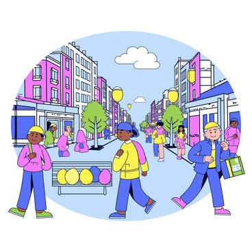 A variety of colorful Easter eggs are cleverly hidden throughout a bustling urban landscape. The eggs are painted in bright shades of pink, yellow, blue, and green, and are nestled among everyday objects. Some eggs are tucked behind a park bench, while others are resting on top of a streetlight. Pedestrians walk by, looking around with curiosity. Tall buildings and shops provide a vibrant backdrop, filled with signs and windows. A clear sky is overhead, and a few fluffy clouds float by.