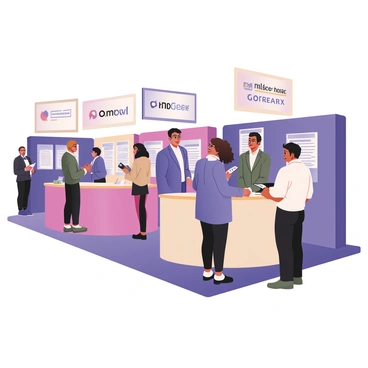 A digital flat illustration depicting a career fair scene with multiple booths set up in a spacious exhibition hall. Each booth has a distinct design, featuring banners with company logos and informational brochures displayed prominently. In the foreground, several job seekers are interacting with company representatives. One job seeker, a woman with curly black hair, is engaged in conversation with a representative behind a booth, wearing a blue blazer and glasses. Another job seeker, a man with short brown hair, is reading a brochure at a nearby booth, wearing a white shirt and dark jeans. There are additional seekers in the background, moving between booths, some taking notes or asking questions. The atmosphere conveys a sense of engagement and opportunity.