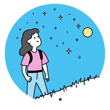 A man with long dark hair and rugged attire, standing on a quiet hilltop. He is gazing up at a sky full of stars, with a serene expression on his face. The hilltop is surrounded by gentle slopes covered in grass. The stars are bright and scattered across the expansive night sky, creating a contrast against the deep blue backdrop. The faint glow of the moon can be seen illuminating his silhouette.