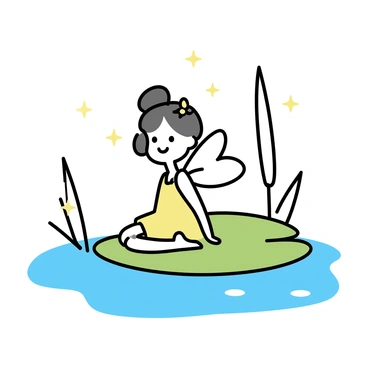 A small fairy with delicate wings is sitting on a green lily pad. The lily pad floats gently on the surface of a tranquil bog, surrounded by tall reeds and soft moss. Tiny fireflies are glowing softly around her, creating a gentle illumination. The fairy has a playful expression, wearing a dress made of flower petals, with her hair adorned with small blossoms.