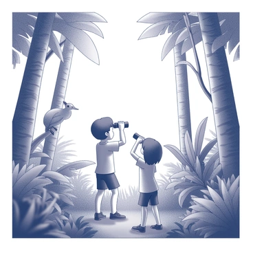 Two children are positioned in a dense jungle, their attention focused intently on something in the distance. One child is holding a pair of binoculars up to their eyes, while the other stands beside them, peering closely at the same sight. Surrounding them are tall, leafy trees with thick trunks and a variety of lush greenery. Exotic animals can be seen amidst the foliage, partially hidden, with one animal climbing a nearby tree and another lingering in the underbrush. The atmosphere is lively, full of diverse plant life and the intriguing presence of wildlife.