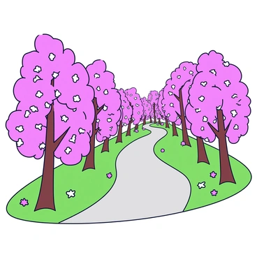 A winding path that leads through a dense row of cherry blossom trees in full bloom. The trees are covered with clusters of pink flowers, creating a vibrant canopy overhead. Petals gently fall from the branches, carpeting the ground in soft pink hues. The path is made of light-colored stone, contrasting with the bright blooms and surrounded by lush green grass. At the edge of the path, small patches of wildflowers add spots of color to the scene.