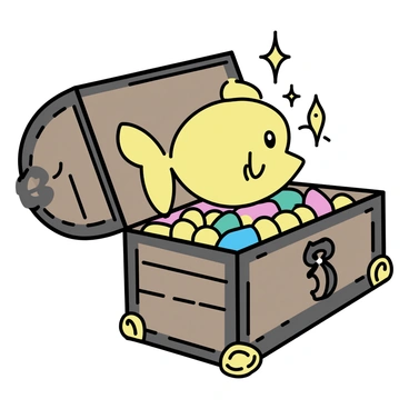An open treasure chest made of worn wood, with intricate carvings on its edges. Inside, a golden Magikarp is prominently displayed, glistening with shiny scales. Surrounding the Magikarp are piles of sparkling jewels, including emeralds, rubies, and sapphires, reflecting light and creating bright highlights. The chest is partially filled with bright gold coins, adding to the treasure's allure.