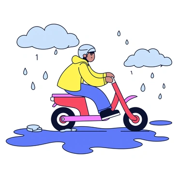 A rider on a mini bike is navigating through puddles on a rainy day. The mini bike is small and colorful, with bright red and blue accents. The rider is wearing a yellow raincoat and a helmet, with droplets of rain visibly splashing off the bike and the ground. Dark clouds fill the sky, with rain falling in distinct lines. Puddles are scattered across the wet ground, reflecting the bike and rider as they zoom through, creating a dynamic scene.