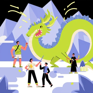 A mountain peak with sharp, rocky formations reaching into the sky is the setting for an intense battle. In the foreground, a group of three characters, a muscular warrior with a sword, an archer with a bow and arrows, and a sorceress casting a spell, face a massive dragon. The dragon has vibrant green scales, large wings extended wide, and fierce yellow eyes. Its mouth is open, revealing sharp teeth as it roars down at the characters. The sky is filled with dark clouds, and sparks of lightning illuminate the scene, adding to the tension of the fight. Small rocks and debris scatter around as they prepare for the clash.