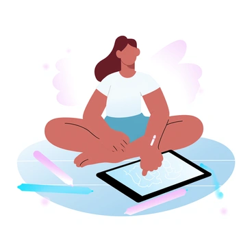 A girl is sitting cross-legged on a smooth wooden floor. She is focused on sketching on a drawing tablet that rests on her lap. Surrounding her are multiple digital pens scattered across the floor, some lying flat while others are slightly tipped. The tablet features a vibrant screen displaying her artwork in progress. Soft light illuminates the scene, creating a cozy atmosphere around her.