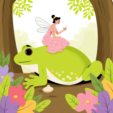 A fairy with delicate, transparent wings is perched on the back of a large green frog. The frog has bright yellow spots and textured skin, blending into the rich greens and browns of the forest floor. Surrounding them are vibrant flowers in various colors, including pink and purple petals, and lush ferns that create a cozy environment. Sunlight filters through the tall trees above, casting dappled light onto the scene, illuminating the fairy's sparkling gown as she points toward an intriguing object on the ground.