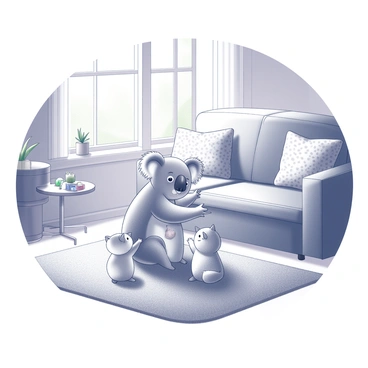 A koala with soft gray fur is sitting on a plush carpet in a cozy living room. The koala is gently interacting with several fluffy kittens, which are playfully batting at its paws. The living room features a comfortable couch with patterned cushions and a small coffee table scattered with toys. Sunlight streams through a large window, illuminating the warm atmosphere. A potted plant is in the corner, adding a touch of greenery to the scene.