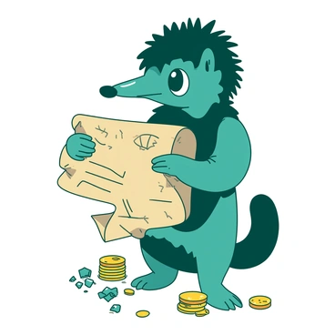 A teal niffler stands upright, holding a crumpled treasure map in its small paws. The map is partially unrolled, displaying intricate markings and symbols, hinting at hidden treasures. The niffler's shiny black fur glimmers in the light, and its large, curious eyes are focused intently on the map. Surrounding the niffler, several sparkling gold coins and jewels are scattered across the ground, hinting at past adventures. The niffler's long snout is pointed toward the horizon, as if anticipating the excitement of the treasure hunt ahead.