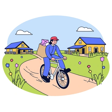 A courier riding a bicycle along a dusty country road. The path is flanked by tall grass and wildflowers swaying gently in the breeze. In the background, there are a few rustic rural homes with wooden fences and porches. The courier wears a bright red cap and a blue shirt, carrying a large canvas bag filled with letters and packages. Dust is kicked up behind the bicycle as it moves forward. The sky is clear with a few fluffy white clouds.