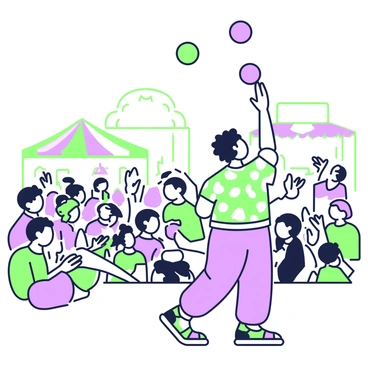 A juggler is captured in dynamic motion, skillfully tossing three colorful balls into the air. The juggler is wearing a vibrant outfit with a patterned shirt and loose-fitting pants. The backdrop features a bustling street fair scene, with people watching the performance attentively. In the foreground, a small crowd is gathered, with some individuals clapping and others smiling. A few festival booths with awnings are visible in the background, adding to the lively atmosphere of the event. The sky above is clear, and the sunlight bathes the scene in warmth.