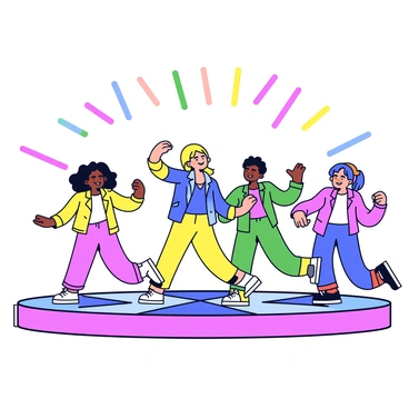 A group of players is dancing on a colorful music rhythm game platform. Each player is wearing vibrant clothing that represents their unique styles. The platform has multiple sections lit up in different colors, creating a dynamic and energetic atmosphere. Above the players, bright flashing lights in various hues illuminate the scene, enhancing the excitement. The players are positioned in various dance poses, fully engaged in the game, with joyful expressions on their faces.