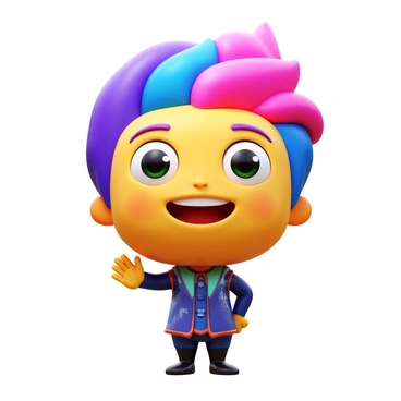 A 3D icon of a character with large, expressive eyes and an oversized head. The character has colorful, vibrant hair styled in an elaborate manner, with shades of pink, blue, and purple blending together. The character's expression is dynamic, showcasing an exaggerated smile and raised eyebrows. The outfit is detailed, featuring a mix of patterns and textures, enhancing the overall lively appearance. The character stands in a playful pose, with one hand on their hip and the other raised, as if waving.