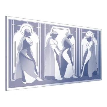 A large wall mural featuring intricate geometric patterns arranged in a symmetrical layout. The design includes elegant figures with elongated forms and stylized features, embodying the essence of the Art Deco era. The figures are posed dynamically, adding a sense of movement to the composition. Surrounding the figures, ornate shapes and lines create a sense of depth and structure while maintaining a clean, cohesive design throughout the mural.