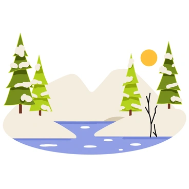 A serene winter wonderland with snow-laden trees and a frozen lake