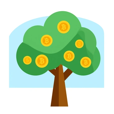 A large tree with branches laden with shiny gold bitcoin coins resembling fruits, set against a clear blue sky.