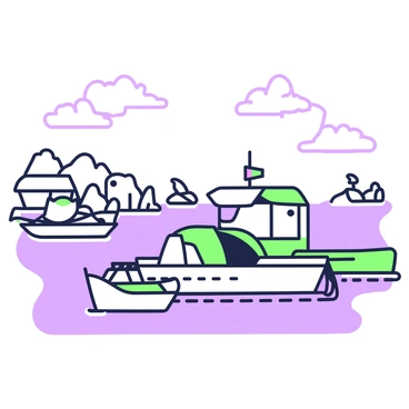 A safe harbor is depicted with several boats securely docked. The boats vary in size, with one larger vessel featuring a canopy and colorful flags at its bow. The water is calm, gently lapping against the sides of the boats. In the background, a sturdy wooden pier extends into the harbor, connecting to the shore. Along the shore, there are a few seagulls perched, overlooking the tranquil scene. Rocky formations can be seen at the harbor's edge, providing a natural barrier. The sky is clear with a few scattered clouds, suggesting a peaceful atmosphere.