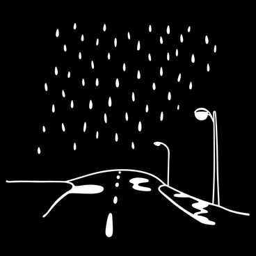 A rainstorm capturing the moment of raindrops falling onto an empty street. Each raindrop is depicted with a glowing effect, emphasizing its descent. The street is lined with dark, reflective pavement, enhancing the contrast with the glowing raindrops. A few puddles begin to form, reflecting the light from the drops above. There are streetlights along the sides, casting a soft glow that complements the illumination of the raindrops.