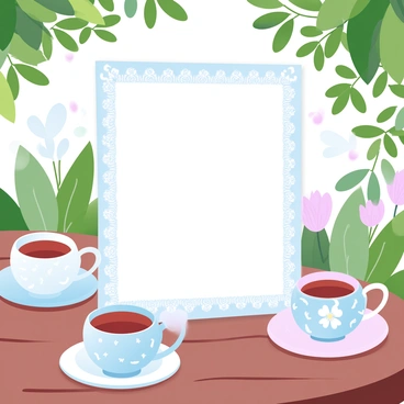 A beautifully designed tea party invitation is placed on a wooden table in a garden. Surrounding the invitation are delicate teacups and saucers, each featuring intricate floral patterns. The teacups are filled with various colorful teas. A soft tablecloth drapes underneath the teacups, complementing the garden setting with lush greenery and blooming flowers in the background. Sunlight filters through the leaves, creating a warm and inviting atmosphere. A decorative border frames the invitation, enhancing its elegant appearance.
