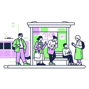 A crowded bus stop filled with people waiting. In the foreground, a man with glasses is standing next to a woman holding a large handbag. They both appear to be checking their watches. A young girl with braids is leaning against a pole, looking at her phone. To the right, an elderly woman is seated on a bench, knitting. Another person, wearing a backpack, is standing with a coffee cup in hand, gazing down the street. Various advertisements are seen on the bus stop shelter, and a bus is visible in the distance approaching the stop.