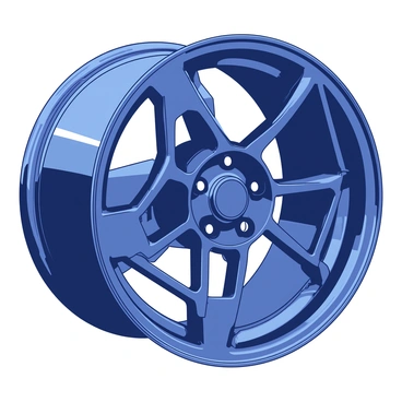 A detailed view of an alloy wheel featuring a shiny metallic finish. The wheel has an intricate design with multiple spokes radiating from the center hub. The spokes are arranged in a unique geometric pattern, showcasing the craftsmanship. The metallic surface reflects light, creating highlights and shadows that emphasize the wheel's contours. In the background, there is a subtle hint of a blurred road surface, adding context to the design.