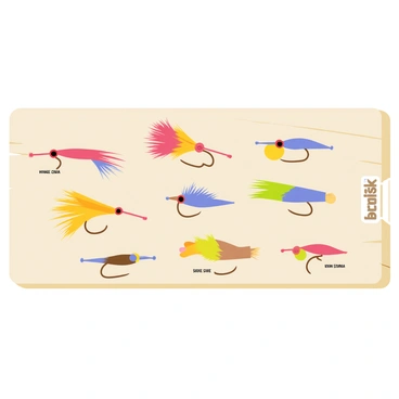 A wooden display board with an assortment of colorful fishing flies arranged neatly. The flies feature various vibrant colors, including bright reds, yellows, greens, and blues. Each fly is crafted with intricate details, showcasing feathers and synthetic materials. A small tag next to each fly indicates its name and size. The background is a smooth, light-colored surface that contrasts with the vivid hues of the flies. The scene is well-lit, enhancing the textures and colors of the fishing flies.
