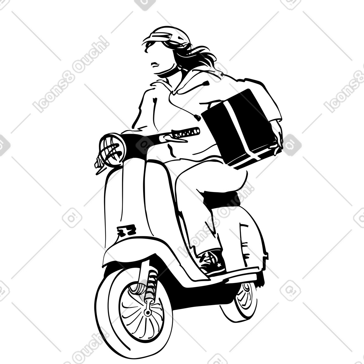Illustration animée Livreuse conduisant un cyclomoteur dans le style Line à télécharger aux formats GIF, Lottie (JSON), AE