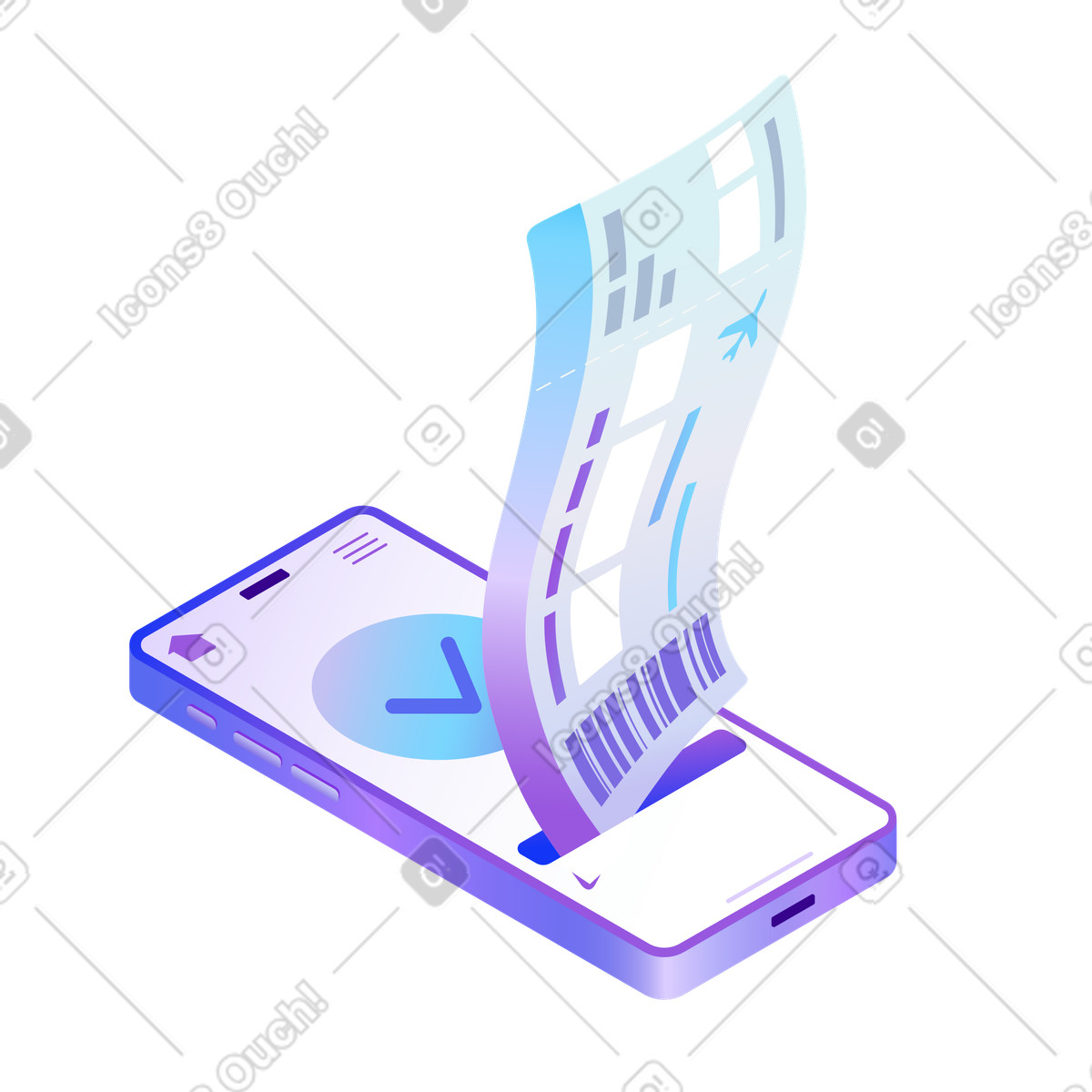 E-ticket flying out of smartphone, Online travel booking illustration in Hi-tech style download in PNG, SVG