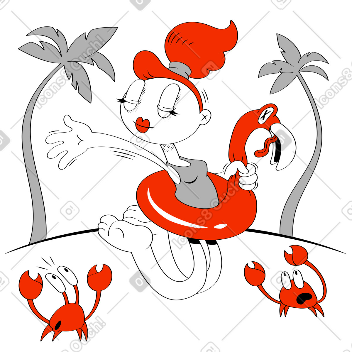 Ilustração de Mulher aproveitando o verão em ilha tropical no estilo Looney para baixar PNG, SVG
